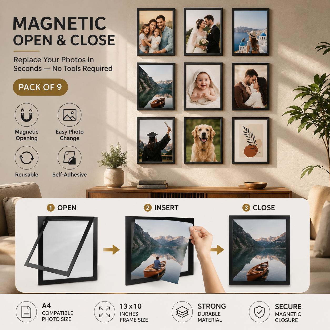 Magnetic frame Pack of 9 display showcase