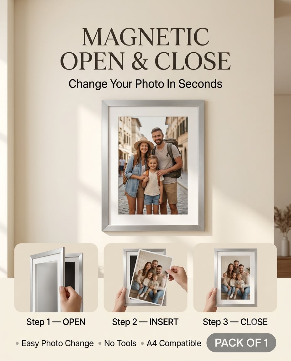 Silver Magnetic frame opening up for art placement