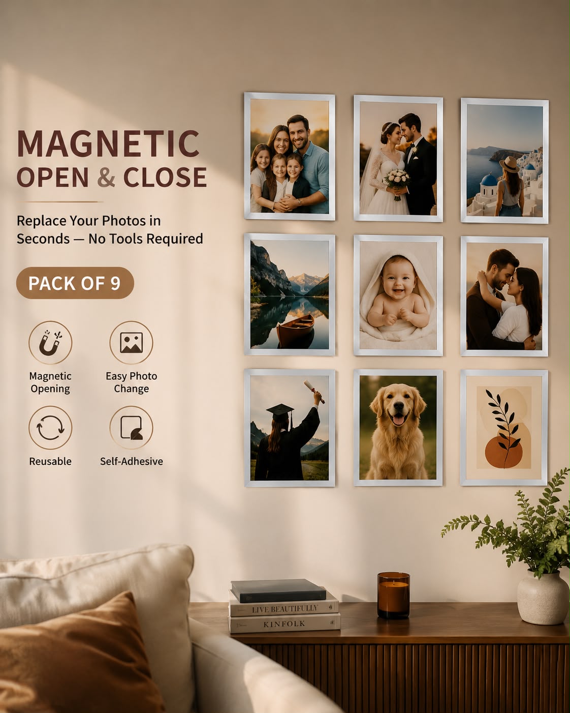 Silver magnetic frame Pack of 9 display showcase