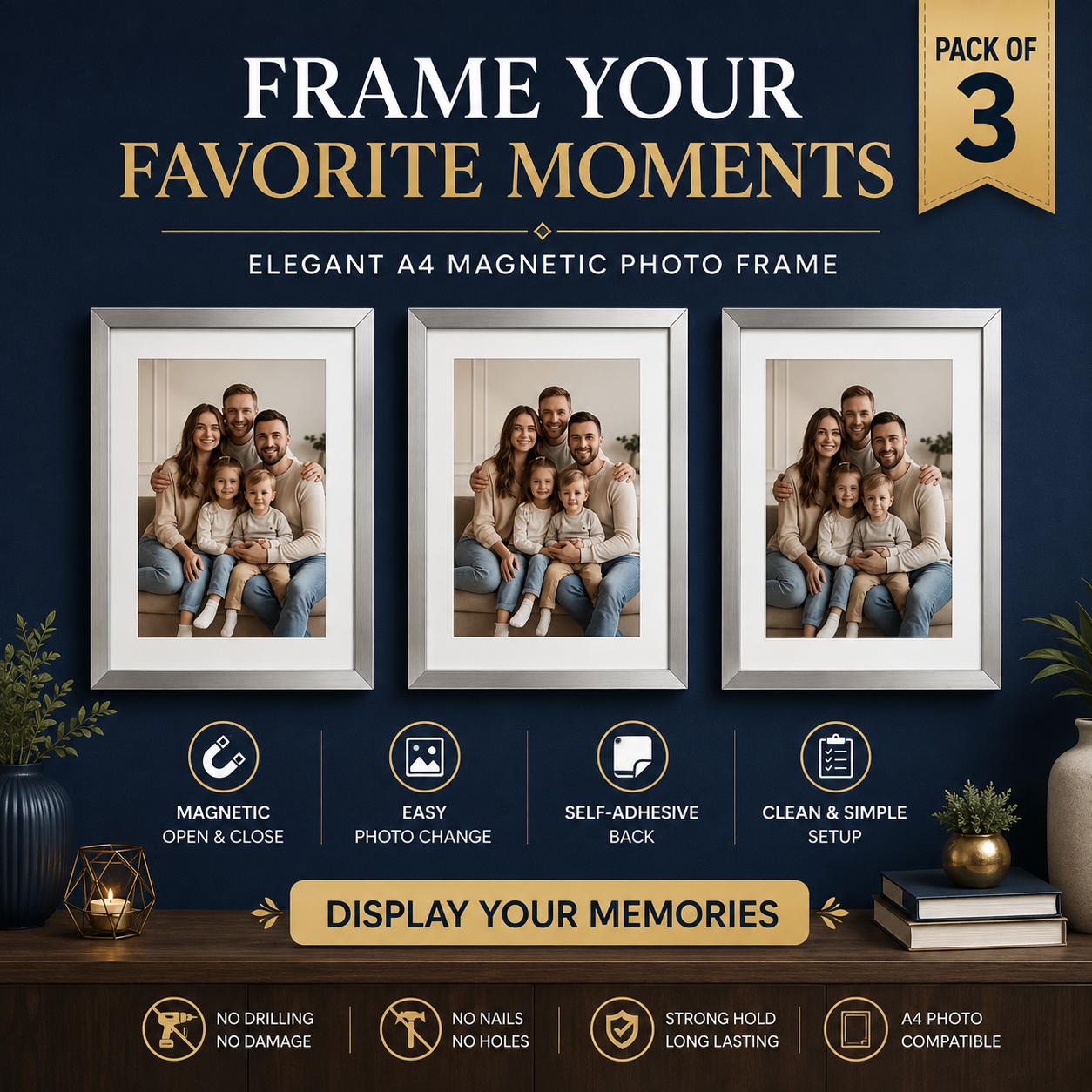 Silver magnetic frame set opening up for art placement