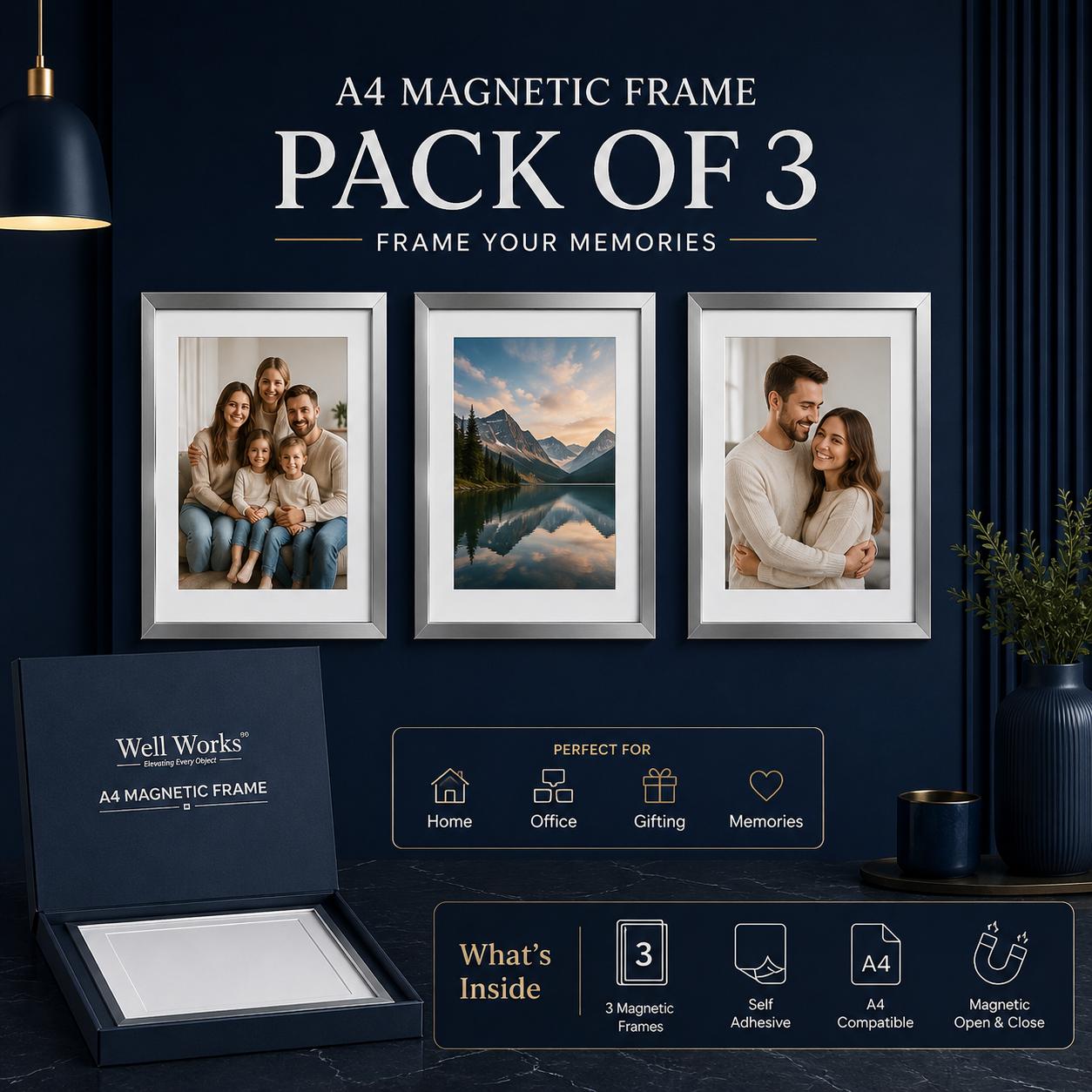 A4 Silver Magnetic Frame Pack of 3 product in package