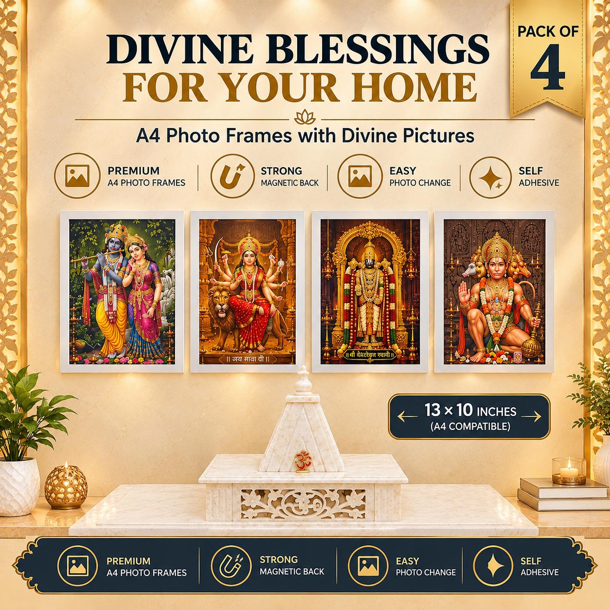 Get 4 A4 Magnetic Frames + 4 Divine Pictures | Pack of 4