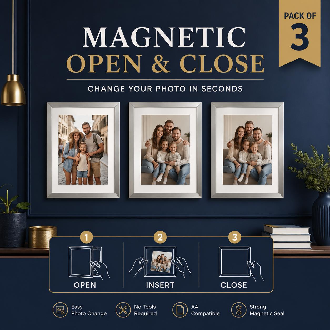 Silver magnetic frame Pack of 3 display showcase